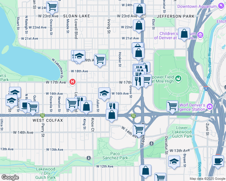 map of restaurants, bars, coffee shops, grocery stores, and more near 1578 Irving Street in Denver