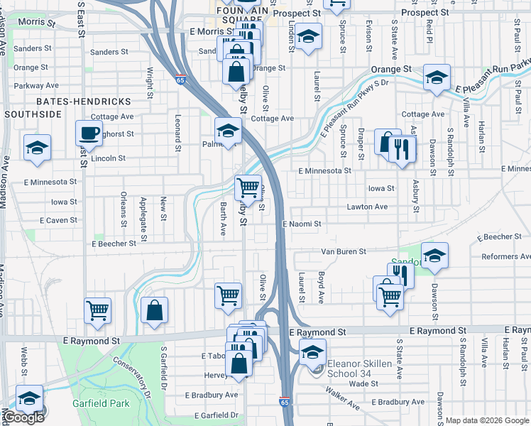 map of restaurants, bars, coffee shops, grocery stores, and more near 1119 East Naomi Street in Indianapolis