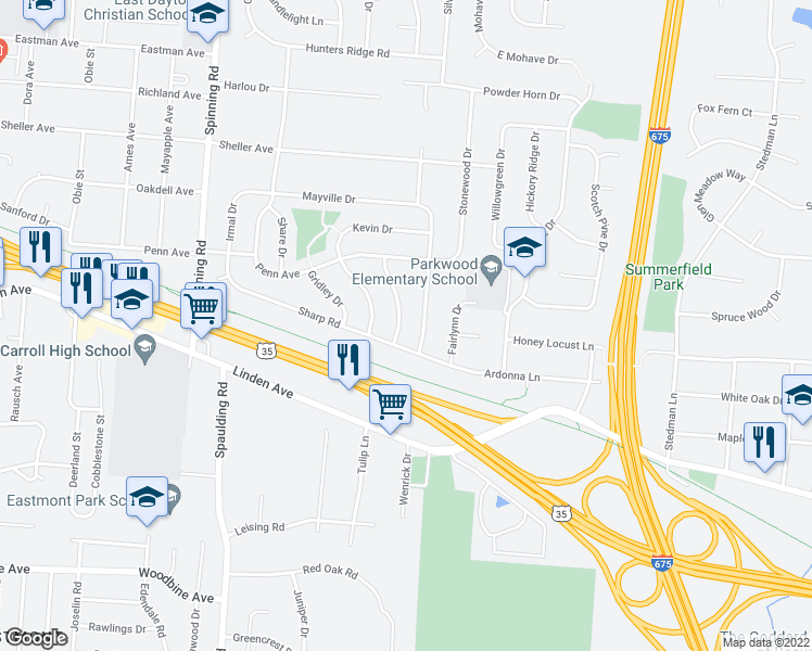 map of restaurants, bars, coffee shops, grocery stores, and more near 5922 Sharp Road in Dayton