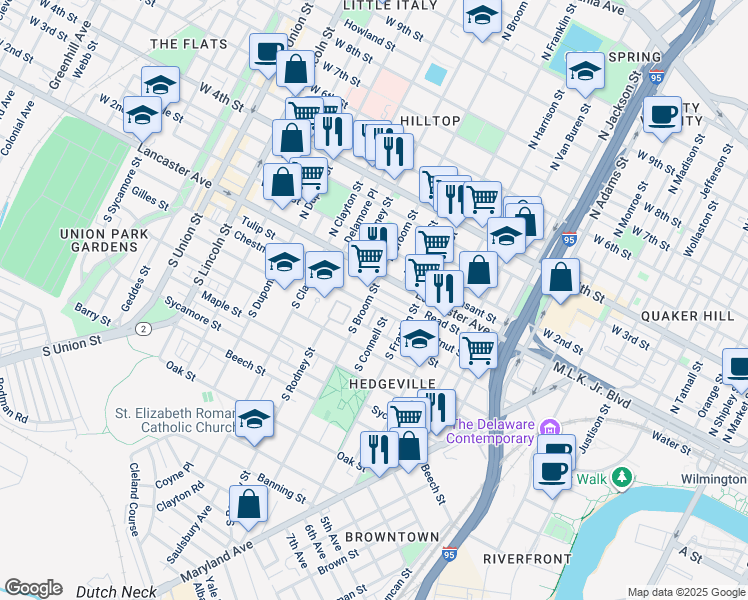 map of restaurants, bars, coffee shops, grocery stores, and more near 114 South Broom Street in Wilmington