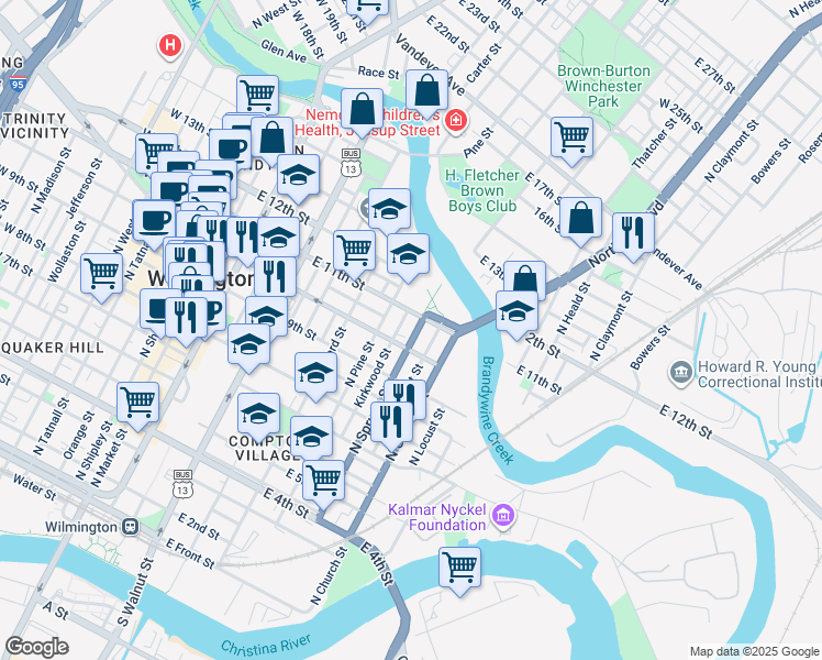 map of restaurants, bars, coffee shops, grocery stores, and more near 1011 North Spruce Street in Wilmington