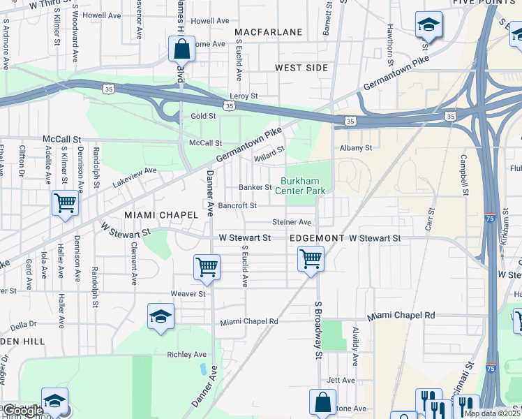 map of restaurants, bars, coffee shops, grocery stores, and more near 1510 Bancroft Street in Dayton