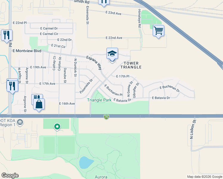 map of restaurants, bars, coffee shops, grocery stores, and more near 19560 East Batavia Drive in Aurora