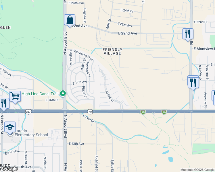 map of restaurants, bars, coffee shops, grocery stores, and more near 17487 East Buchanan Place in Aurora