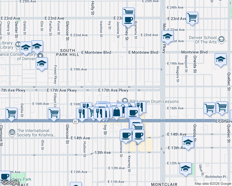 map of restaurants, bars, coffee shops, grocery stores, and more near 1625 Jasmine Street in Denver