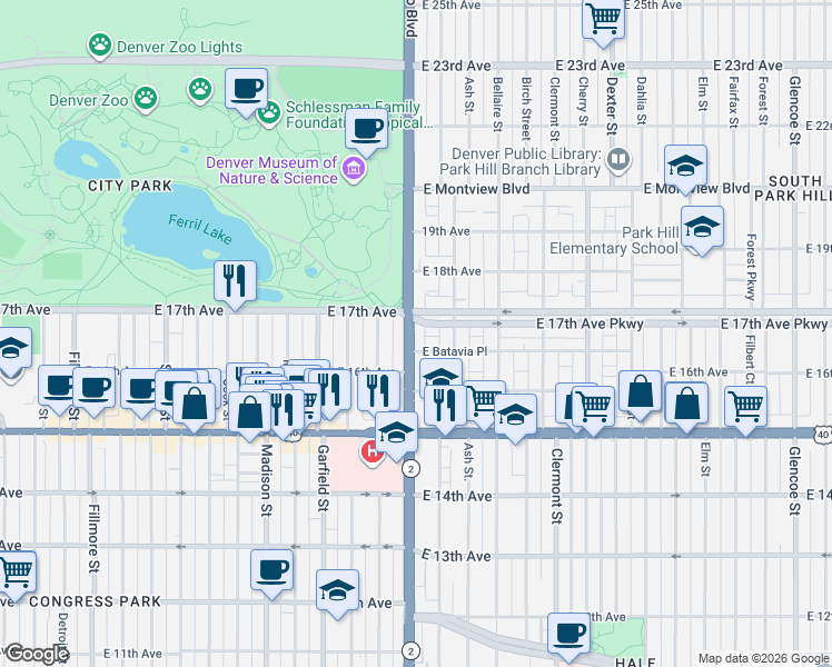 map of restaurants, bars, coffee shops, grocery stores, and more near 4022 Batavia Place in Denver