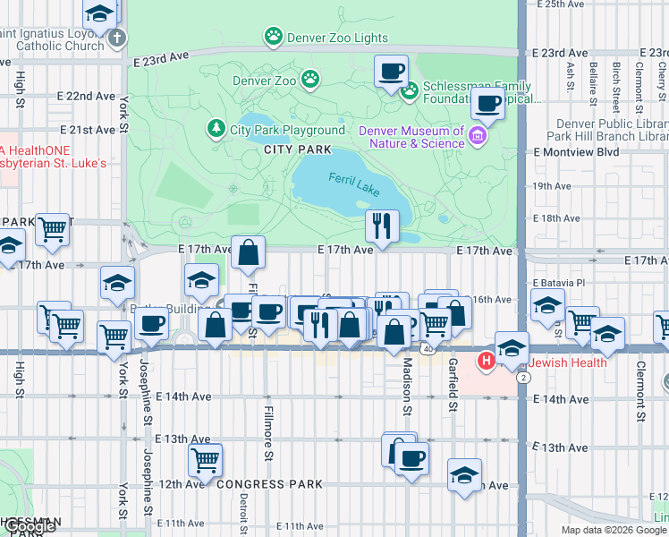 map of restaurants, bars, coffee shops, grocery stores, and more near 1623 Adams Street in Denver
