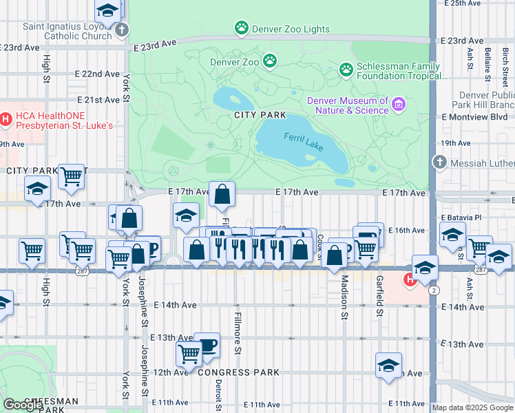 map of restaurants, bars, coffee shops, grocery stores, and more near in Denver