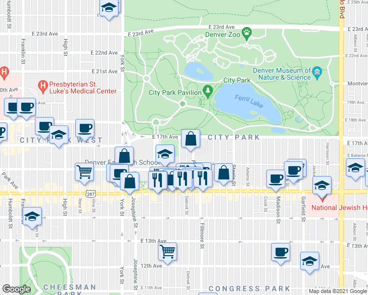map of restaurants, bars, coffee shops, grocery stores, and more near 1620 Detroit Street in Denver