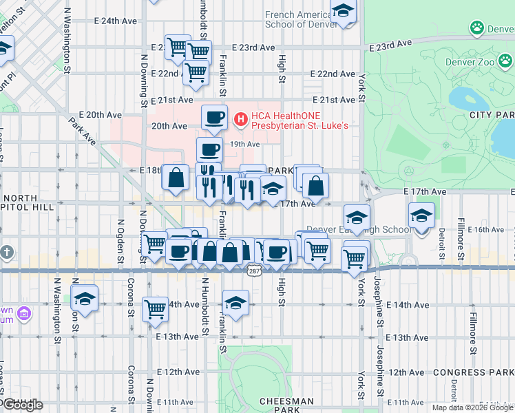 map of restaurants, bars, coffee shops, grocery stores, and more near 1644 Gilpin Street in Denver