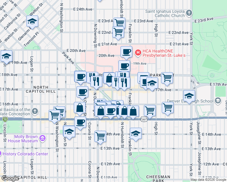 map of restaurants, bars, coffee shops, grocery stores, and more near 1655 North Lafayette Street in Denver