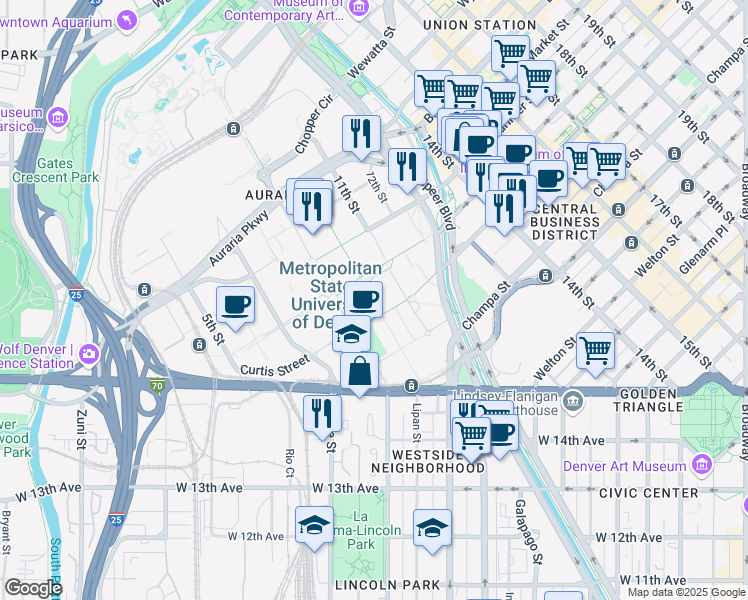 map of restaurants, bars, coffee shops, grocery stores, and more near in Denver