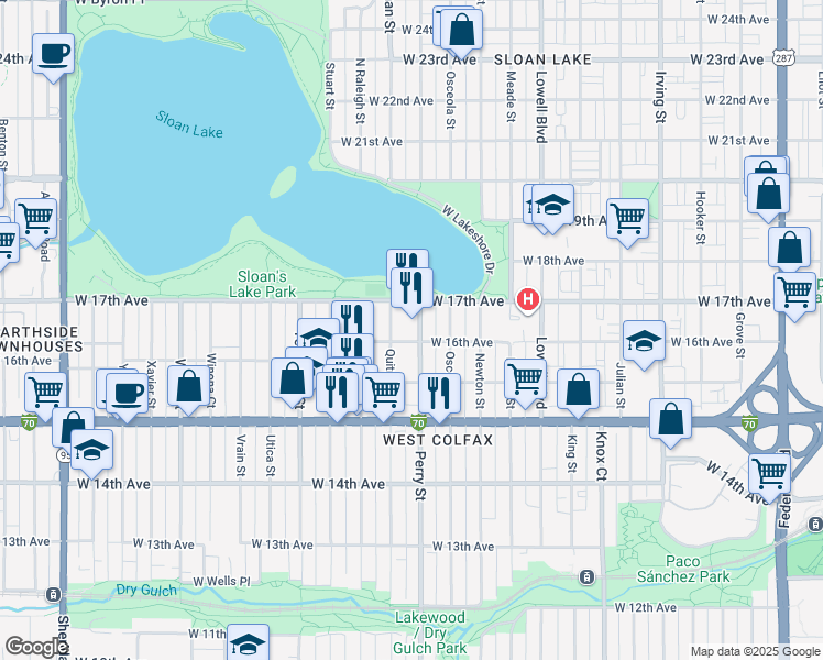 map of restaurants, bars, coffee shops, grocery stores, and more near 1590 Perry Street in Denver