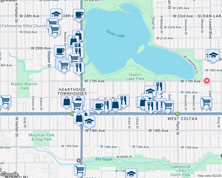 map of restaurants, bars, coffee shops, grocery stores, and more near 1616 Xavier Street in Denver