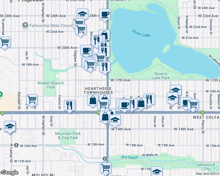 map of restaurants, bars, coffee shops, grocery stores, and more near 5100 West Annie Place in Denver