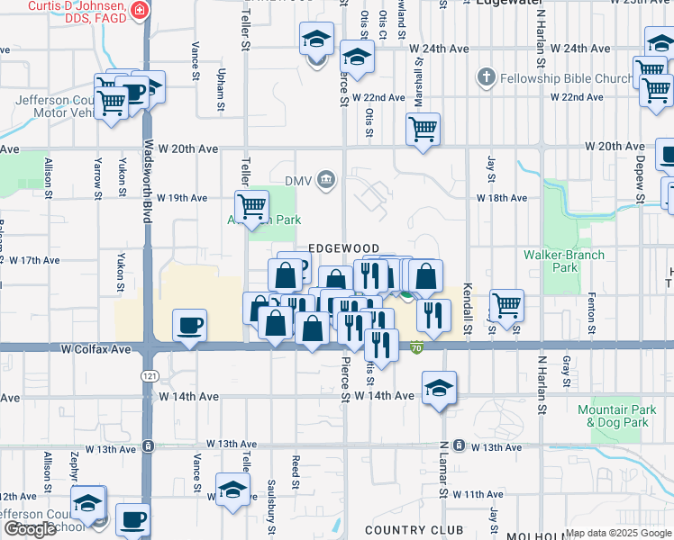 map of restaurants, bars, coffee shops, grocery stores, and more near 1607 Pierce Street in Denver