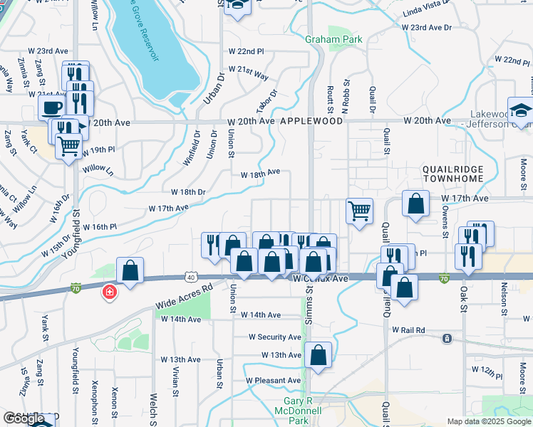map of restaurants, bars, coffee shops, grocery stores, and more near 1650 Tabor Street in Lakewood