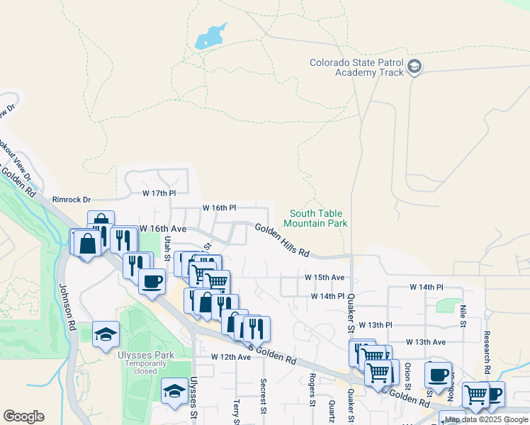 map of restaurants, bars, coffee shops, grocery stores, and more near 16745 Golden Hills Road in Golden