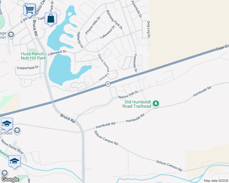 map of restaurants, bars, coffee shops, grocery stores, and more near 2796 Native Oak Drive in Chico