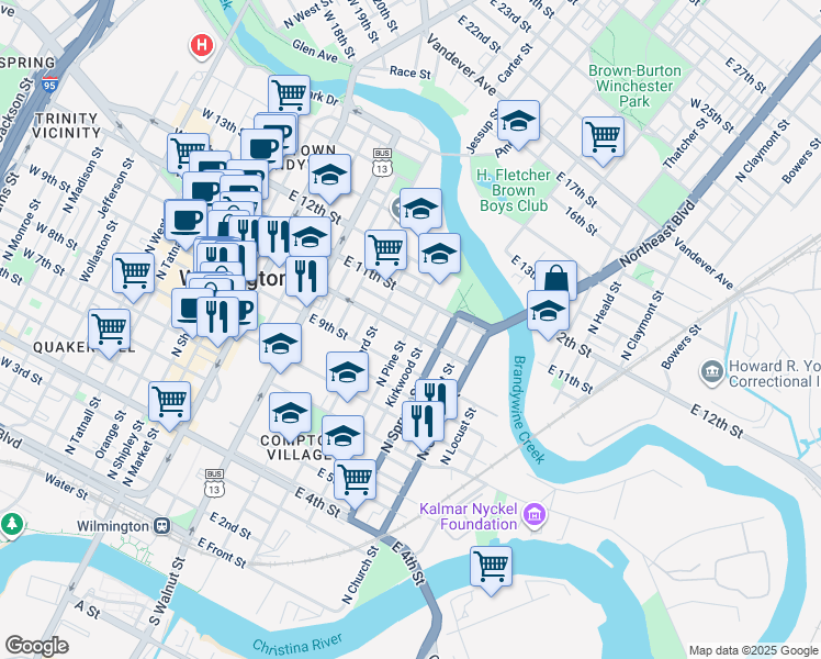 map of restaurants, bars, coffee shops, grocery stores, and more near in Wilmington