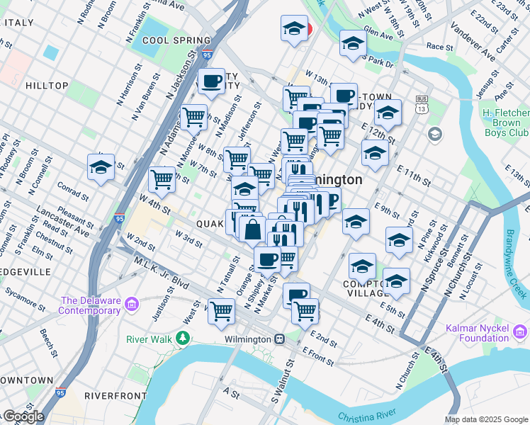 map of restaurants, bars, coffee shops, grocery stores, and more near 200 West 6th Street in Wilmington