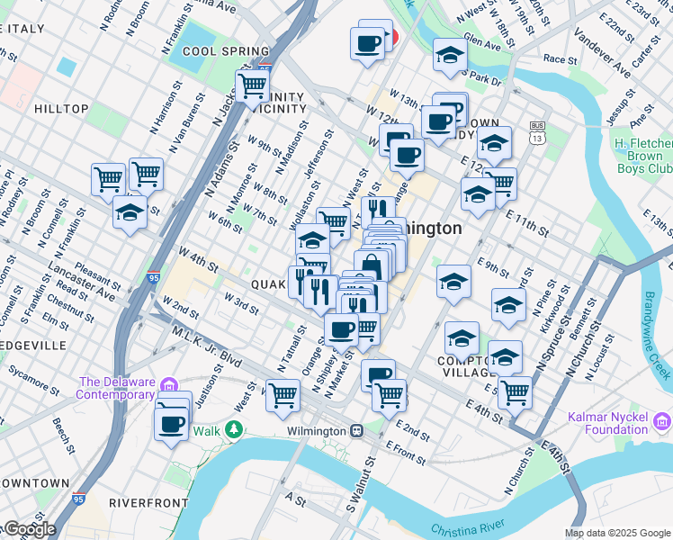 map of restaurants, bars, coffee shops, grocery stores, and more near 200 West 6th Street in Wilmington