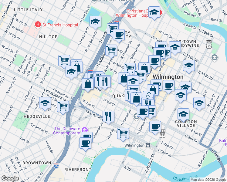 map of restaurants, bars, coffee shops, grocery stores, and more near 602 Delaware 9 in Wilmington