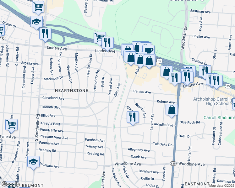 map of restaurants, bars, coffee shops, grocery stores, and more near 4524 Elliot Avenue in Dayton