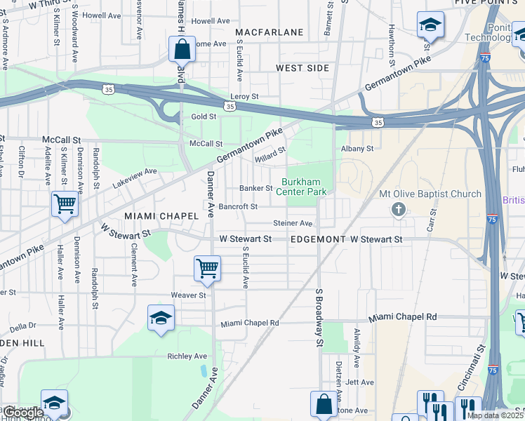 map of restaurants, bars, coffee shops, grocery stores, and more near 1438 Steiner Avenue in Dayton