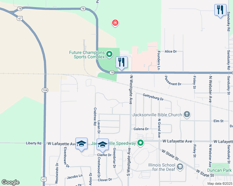 map of restaurants, bars, coffee shops, grocery stores, and more near 2-98 Jacksonville Place in Jacksonville