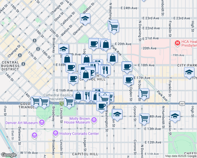 map of restaurants, bars, coffee shops, grocery stores, and more near 1665 North Pearl Street in Denver
