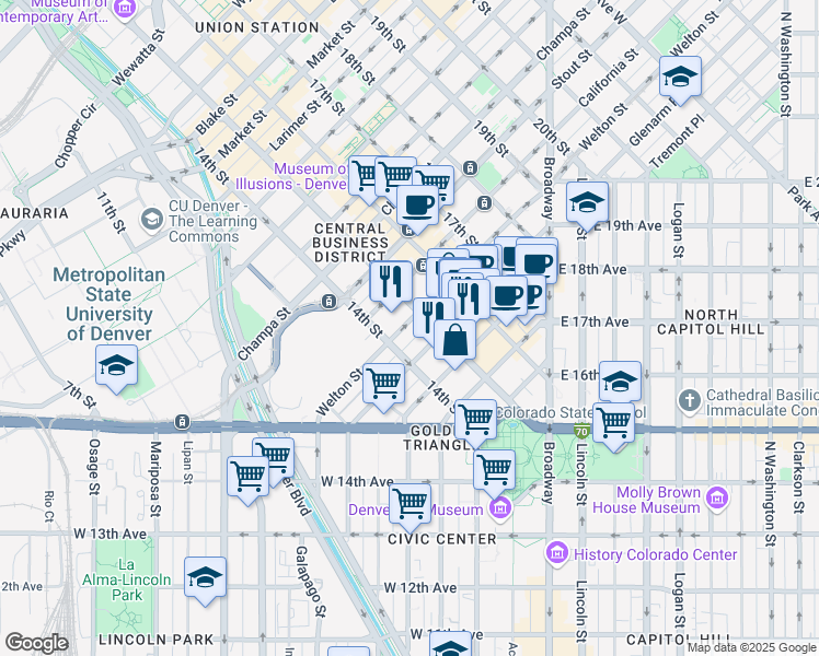 map of restaurants, bars, coffee shops, grocery stores, and more near 550 15th Street in Denver