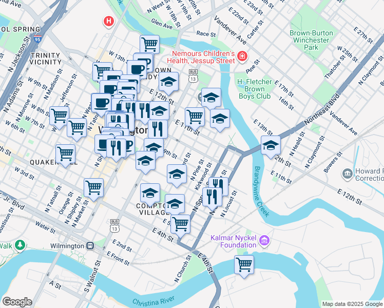 map of restaurants, bars, coffee shops, grocery stores, and more near 918 North Lombard Street in Wilmington