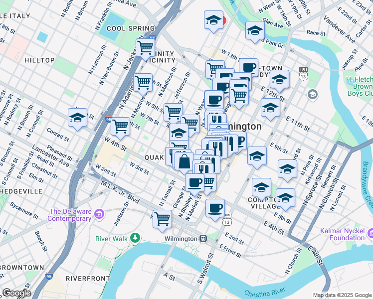 map of restaurants, bars, coffee shops, grocery stores, and more near 200 West 6th Street in Wilmington