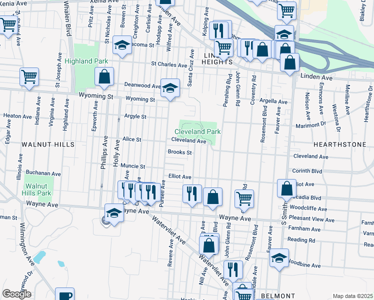 map of restaurants, bars, coffee shops, grocery stores, and more near 3149 Brooks Street in Dayton