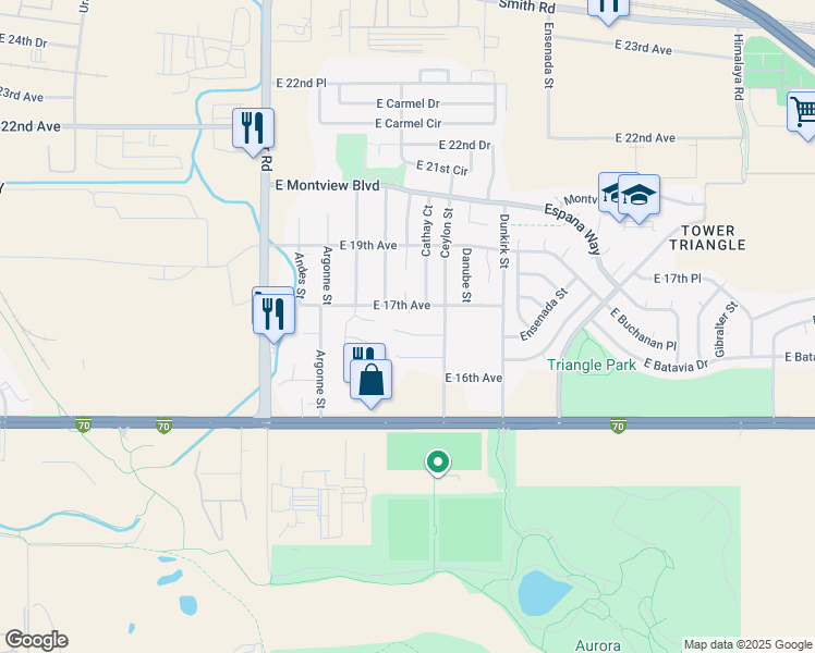 map of restaurants, bars, coffee shops, grocery stores, and more near 18913 East 16th Avenue in Aurora