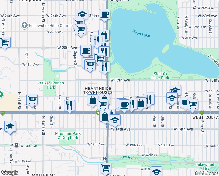 map of restaurants, bars, coffee shops, grocery stores, and more near 5100 West Annie Place in Denver