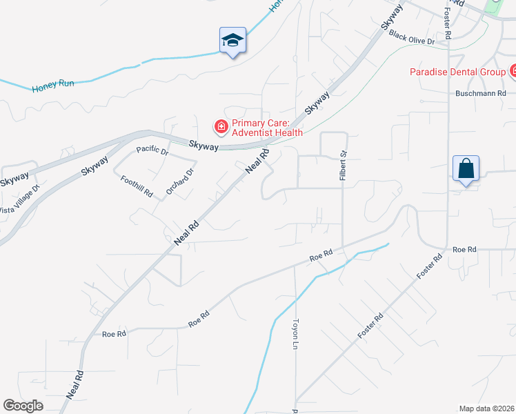 map of restaurants, bars, coffee shops, grocery stores, and more near 378 Circlewood Drive in Paradise