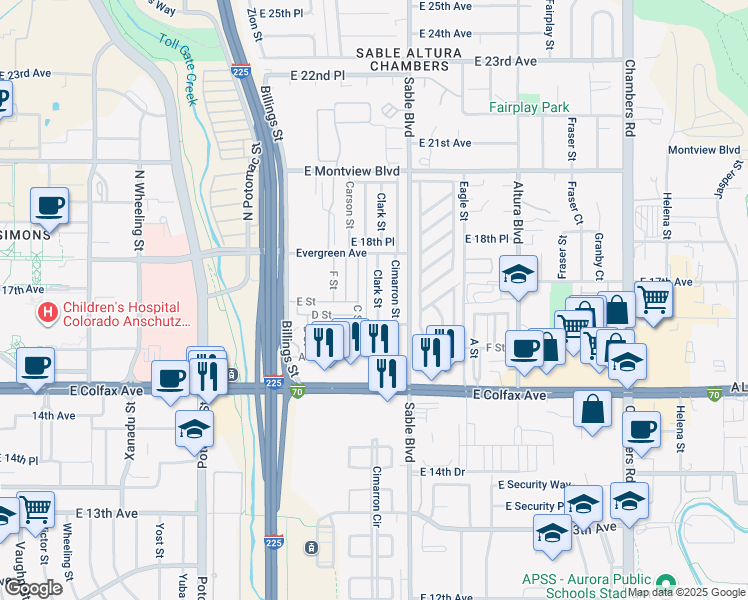 map of restaurants, bars, coffee shops, grocery stores, and more near 1651 Clark Street in Aurora