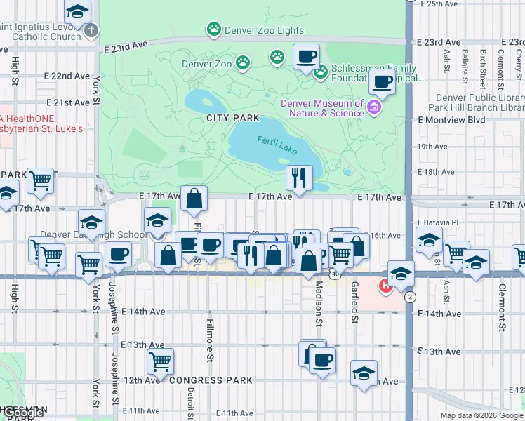 map of restaurants, bars, coffee shops, grocery stores, and more near 1623 Adams Street in Denver