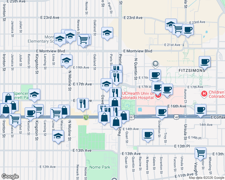 map of restaurants, bars, coffee shops, grocery stores, and more near 1678 Paris Street in Aurora