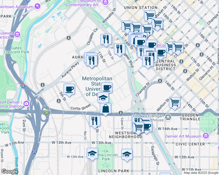 map of restaurants, bars, coffee shops, grocery stores, and more near in Denver