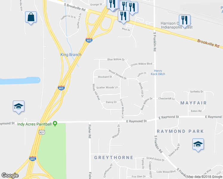 map of restaurants, bars, coffee shops, grocery stores, and more near 7639 Scatter Woods Lane in Indianapolis