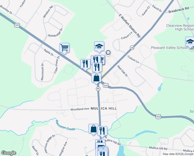 map of restaurants, bars, coffee shops, grocery stores, and more near 90 North Main Street in Mullica Hill