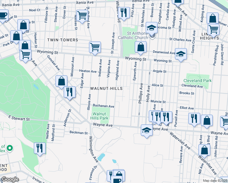 map of restaurants, bars, coffee shops, grocery stores, and more near 1240 Highland Avenue in Dayton
