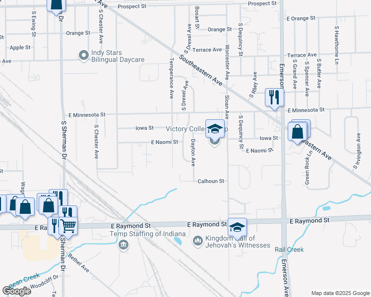 map of restaurants, bars, coffee shops, grocery stores, and more near 1831 South Drexel Avenue in Indianapolis