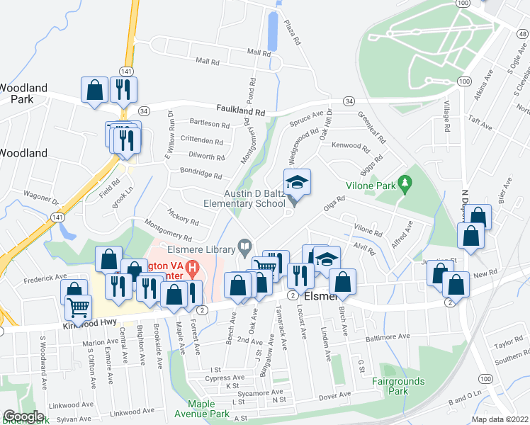 map of restaurants, bars, coffee shops, grocery stores, and more near 108 Washington Avenue in Elsmere