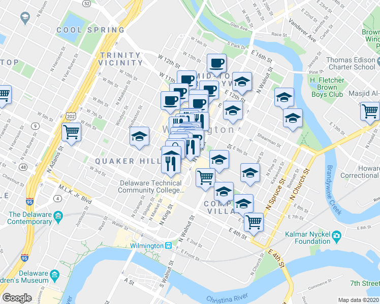 map of restaurants, bars, coffee shops, grocery stores, and more near 728 N Market St in Wilmington