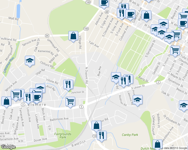 map of restaurants, bars, coffee shops, grocery stores, and more near 11 Village Court in Wilmington