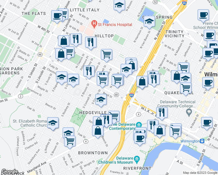 map of restaurants, bars, coffee shops, grocery stores, and more near 101 North Harrison Street in Wilmington